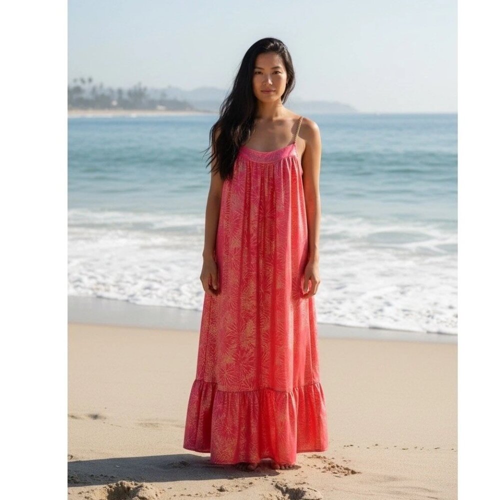 Tropical Michael Kors Coral Sangria Gold Chain Maxi Dress XL 16 18 Hawaii Mumu
